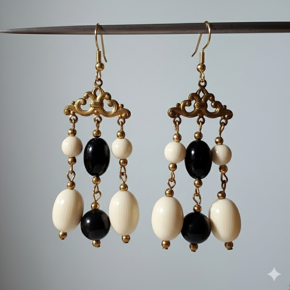 Ivorine 3" Chandelier Earrings Vintage Dangle Beaded Melon Cream Black Gold Tone